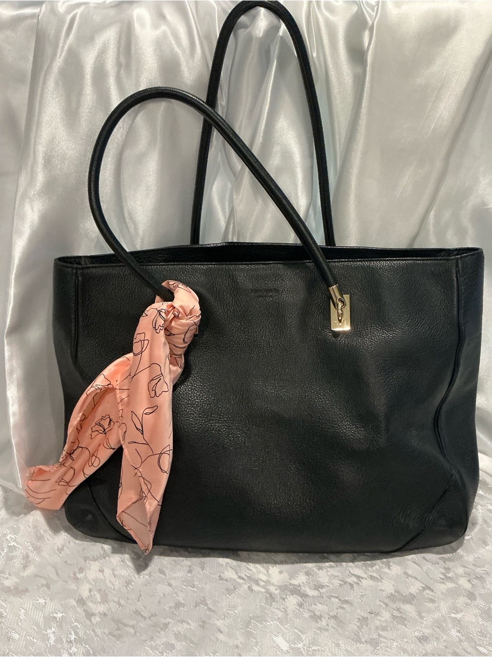 Vintage kate spade Black Leather Tote with Pink Scarf Accent